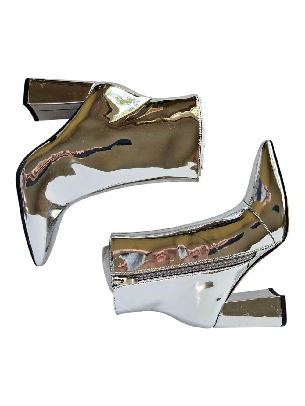 MATIKO Women 7 Lucinda Boots Silver Metallic Mirror Pointed Toe Block Heel NEW